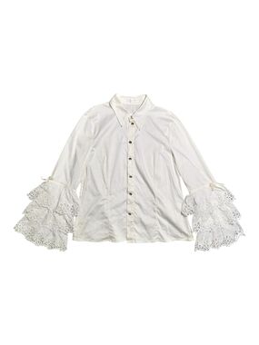 Rare 80s Escada Margaretha Ley White Cotton Blouse Tiered Ruffle Bell Sleeve